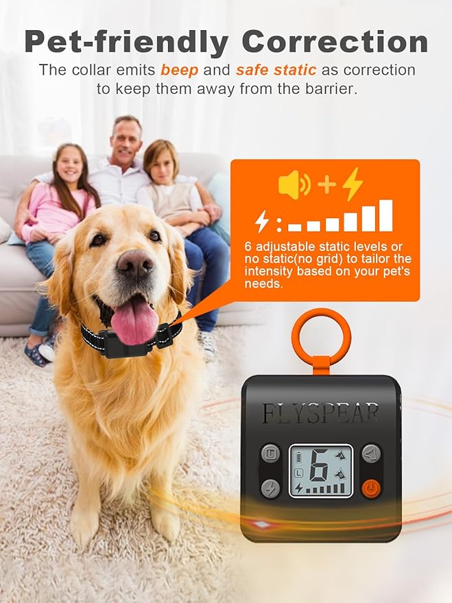 FLYSPEAR Wireless Pet Barrier - Rechargeable Indoor Barrier with 6 Adjustable Range Radius up to 7 ft, 6 Adjustable Safe Static Intensity, Electric Fence System with Hook (Transmitter Only)