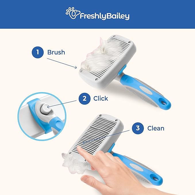 Self Cleaning Slicker Brush for Dogs and Cats - Hair Brush for Medium to Long-haired Pets - Effective, Comfortable, and Easy to Clean - White and Blue