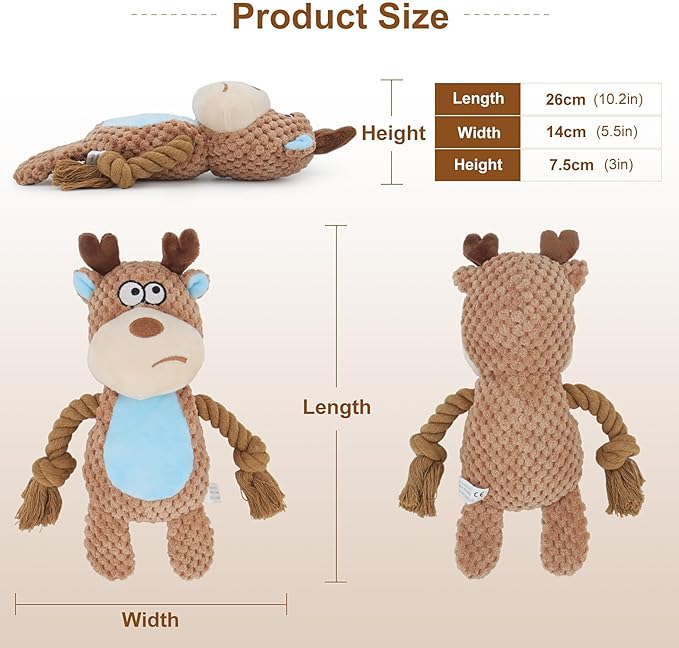 Dog Toys, Dog Squeaker Toys with Crinkle Paper, Stuffed Animal Dog Plush Chewing Toy, Cotton Rope Interactive Toys for Puppy, Small, Middle Dogs (Camel-Colored Elk)