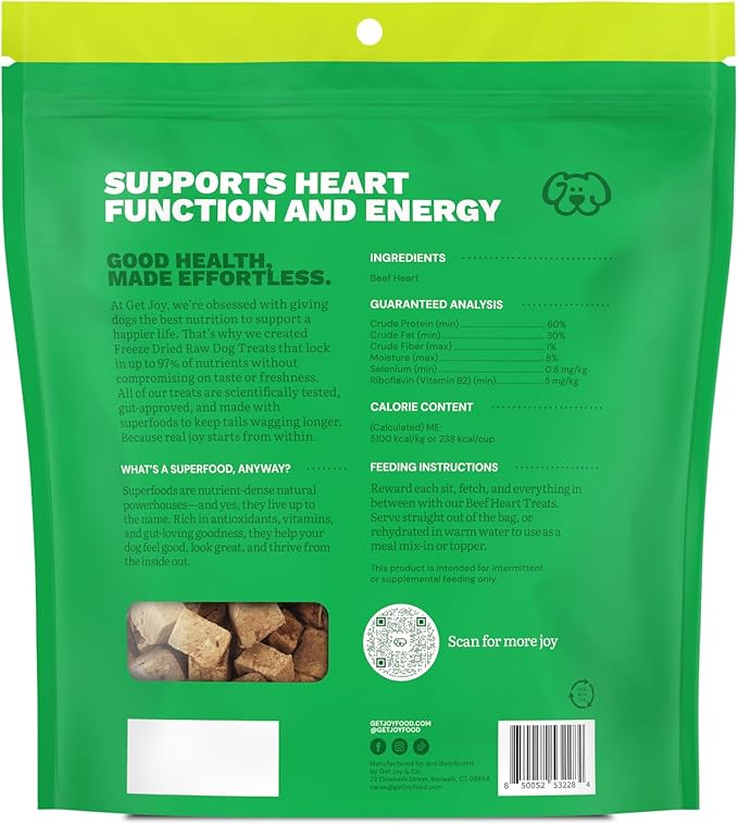 Get Joy Freeze Dried Superfood 100% Beef Heart Dog Treats, 16 Ounce Bag, Single Ingredient Organ Meat, High Protein, Heart Health, Energy, Muscle Repair, Grain Free, Gluten Free, Made in USA
