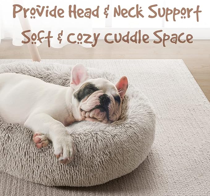 Friends Forever Donut Dog Bed Faux Fur Fluffy Calming Sofa For Medium Dogs, Soft & Plush Anti Anxiety Pet Couch For Dogs, Machine Washable Coco Pet Bed with Non-Slip Bottom, 30"x30"x7" Tan