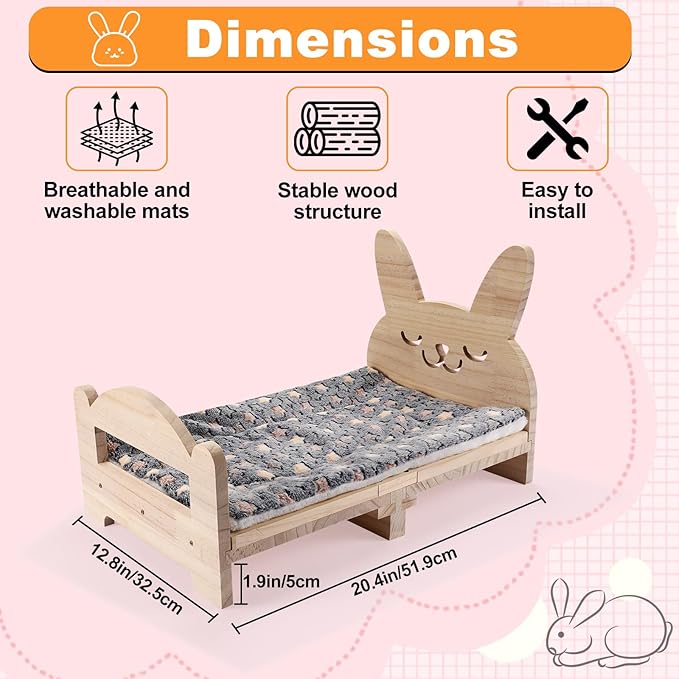 Large Wooden Rabbit Bed - Easy Assemble 20.4"x12.8" Pet Bed with Support Structure & Removable Cushion for Rabbits, Guinea Pigs, Kittens & Small Animals - Cozy Sleeping Habitat