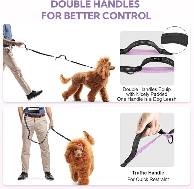 Hands Free Dog Leash with Pouch, Double Leash for Two Dogs, Retractable Bungee with Double Padded Handles, Dog Waist for Dog Walking, Running for Dogs, Dog Walking Accessories