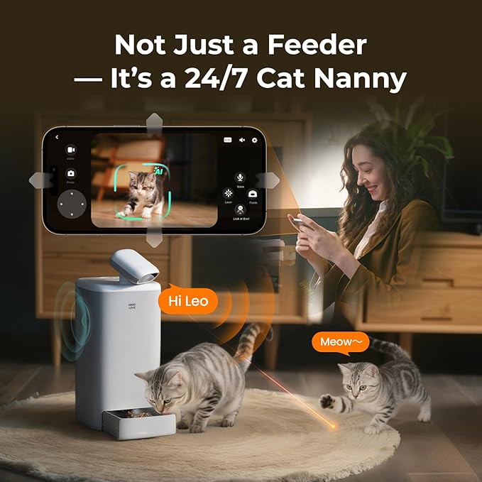 Automatic Cat Feeder with Camera, 2k HD Video Night Vision, 5G Pet Feeder with 2-Way Audio, Cat Food Dispenser with Low Food Alert and Blockage Sensor, Non-Subscription Version