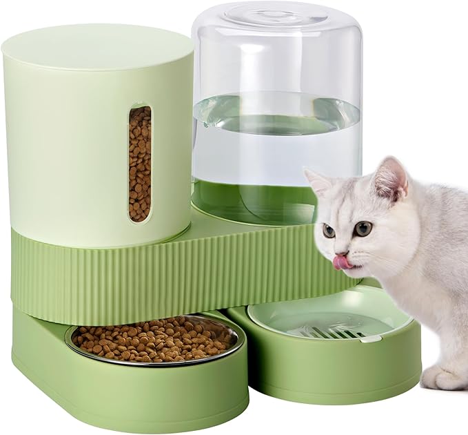 Automatic Dog Cat Water Dispenser Gravity Feeder and Water Dispenser Stainless Steel 2-in-1 Set Large Capacity Dispenser for Pets Dogs, Puppies, Kittens（Green）