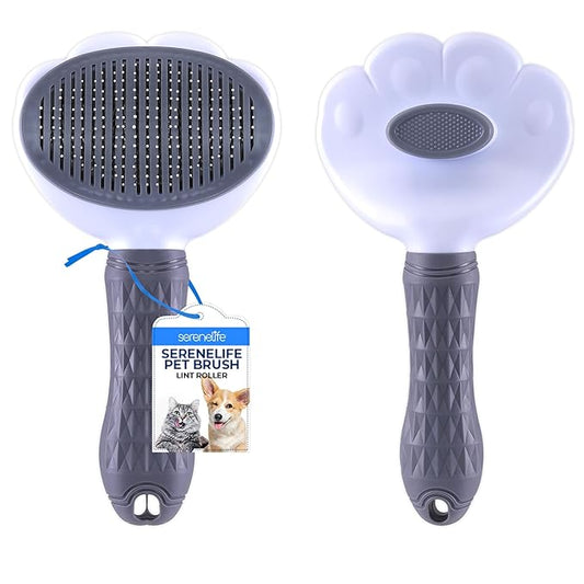 SereneLife Lint Roller Pet Brush, Skin-Friendly Dog and Cat Self-Cleaning Slicker Brush with Massage Particles, Removes Loose Hair/Tangles, 7.68"x4.13"x2.55" Pet Hair Removal Tool with Release Button