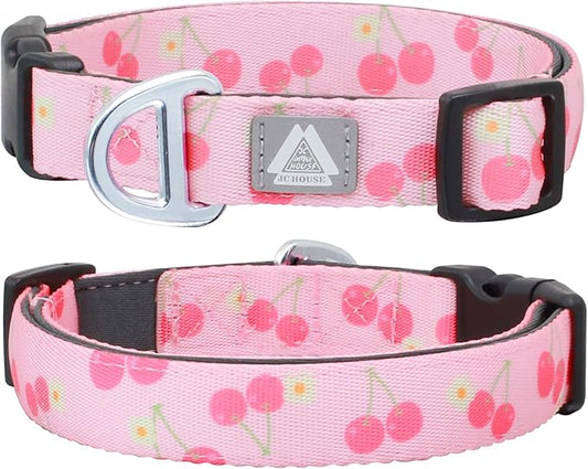 Girl Dog Collar, Pink Cute Cherry Pattern Adjustable Breathable Collar with Reflective Logo, Comfortable Padded Design Fits for Medium, Large Dogs, Neck Size 12’’-20’’ (Cherry, M)