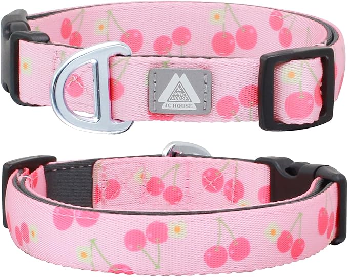 Girl Dog Collar, Durable Pink Cute Cherry Print Adjustable Collar with Aluminum D-Ring, Reflective Logo & Soft Padding Fits for Large Breed Dogs, Neck Size 16’’-25’’ (Cherry, L)