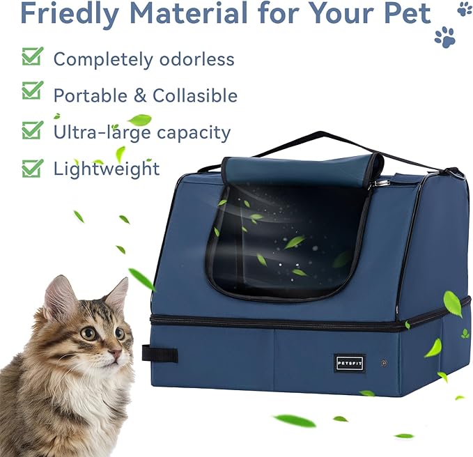 PETSFIT Travel Litter Box for Cats - Removable 2-Layer Leak-Proof Lining, Scratch-Resistant Fabric with Sturdy Support Frame, Cat Collapsible & Travel Litter Box Navy Blue