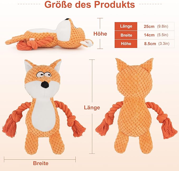 Dog Toys, Dog Squeaker Toys with Crinkle Paper, Stuffed Animal Dog Plush Chewing Toy, Cotton Rope Interactive Toys for Puppy, Small, Middle Dogs (Orange Fox)