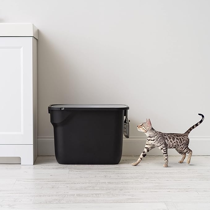 IRIS USA Cat Litter Box, Large Cat Box Enclosure, Top Entry with Litter Catching Lid, Enclosed with Scoop, Black/Gray