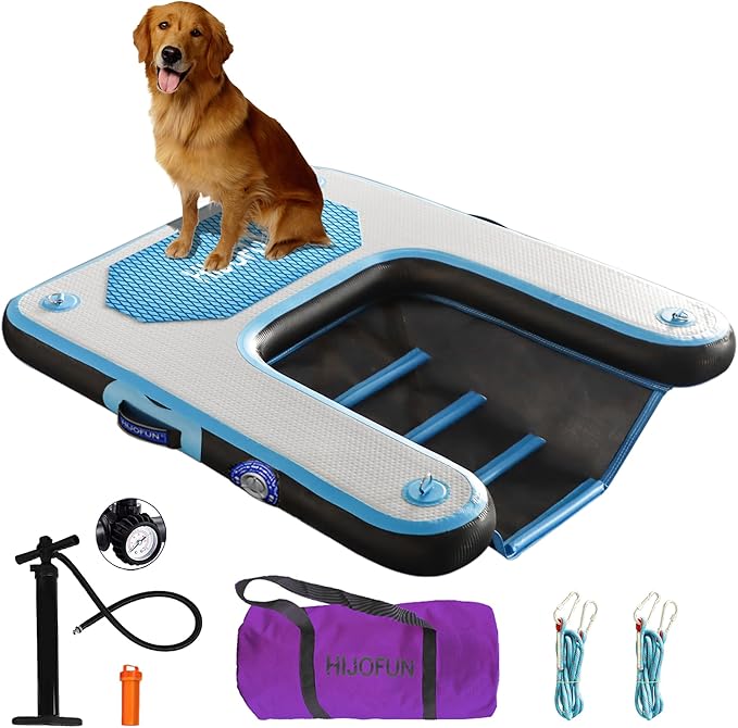 Inflatable Dog Water Ramp with Non-Slip Steps & D-Rings–180 lbs Capacity,47.2"x37.4"x4", Portable Floating Ladder for Pool, Boat, Lake – Blue