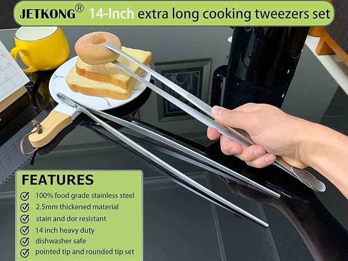 JETKONG 2 Pcs 14-Inch Food Tweezers Stainless Steel Tweezer Tongs Extra-Long Cooking Tweezers (Silver)