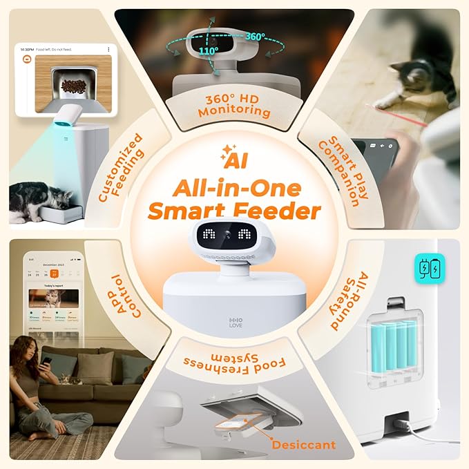 Automatic Cat Feeder with Camera, 2k HD Video Night Vision, 5G Pet Feeder with 2-Way Audio, Cat Food Dispenser with Low Food Alert and Blockage Sensor, Non-Subscription Version