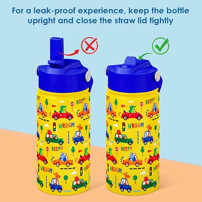 Kid Water Bottle 12oz with Straw Lid - 2-Pack Insulated Stainless Steel Water Bottles for Kids Boys Girls - Travel Cup for School Sports, Construction & Transportation