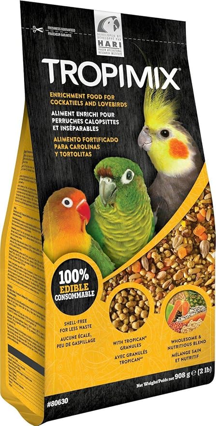 Hagen Tropimix Enrichment Food for Cockatiels & Lovebirds, 2 lb. - HARI Parrot Food with Seeds, Fruit, Nuts, Vegetables, Grains, and Legumes