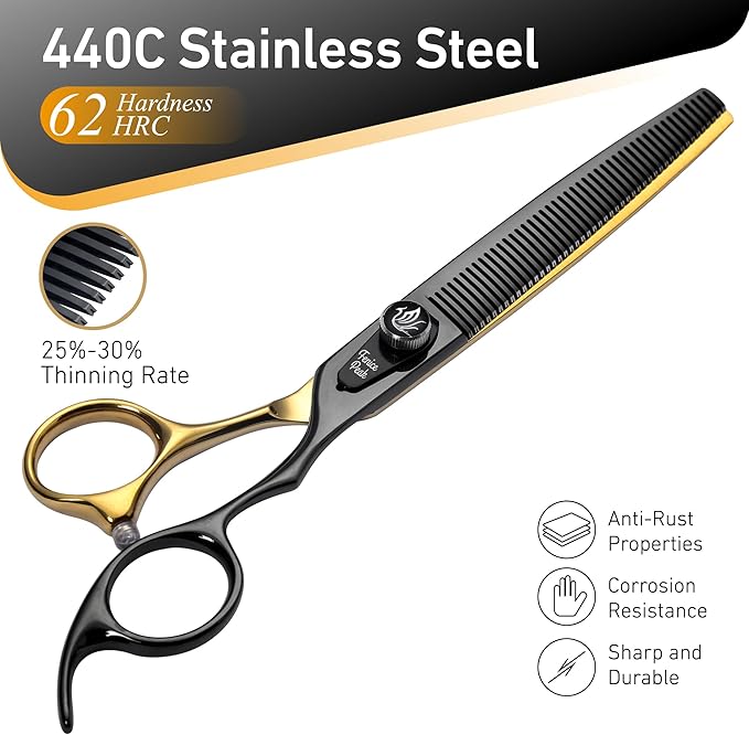 Fenice Peak 7'' Black Dog Grooming Scissors Goldern Thinning Dog Blending Scissors with Ergonomic Offest Handle and Pattern Screw Pet Grooming Thinner Blender Shears Durable and Sharp 440C