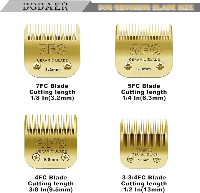 Detachable Pet Dog Grooming Clipper Ceramic Blades Set,Compatible with Andis,Oster A5,Wahl KM10 Series Clippers,Size 7FC/5FC/4FC/3FC 4 Pack,Gold