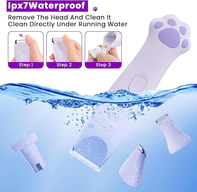 Dog Clipper 4-in-1 Grooming Kit – Includes Comb, Paw Trimmer, Nail Grinder, Rechargeable & Wireless Design, Low Noise, IPX7 Waterproof, Pet-Friendly Clipper (Purple)