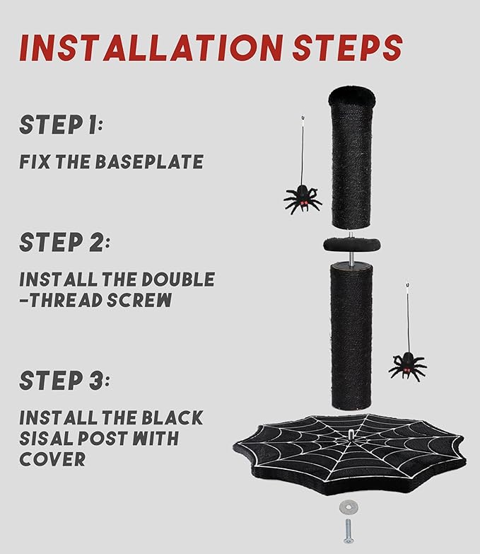 Gothic Cat Scratching Post with Spider Dangling Toys for Indoor Large Cats, Halloween Spooky Cat Scratcher,Activity Cat Play Center Cat Tree Tower Furniture with Cobweb Base,Black,Large