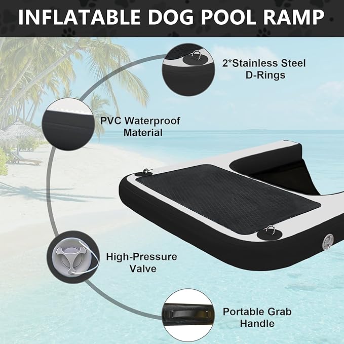 Inflatable Dog Water Ramp, Non-Slip Floating Dock Ladder for Pools, Boats & Lakes, Pool Ramp for Dogs Up to 200 Pounds, Black