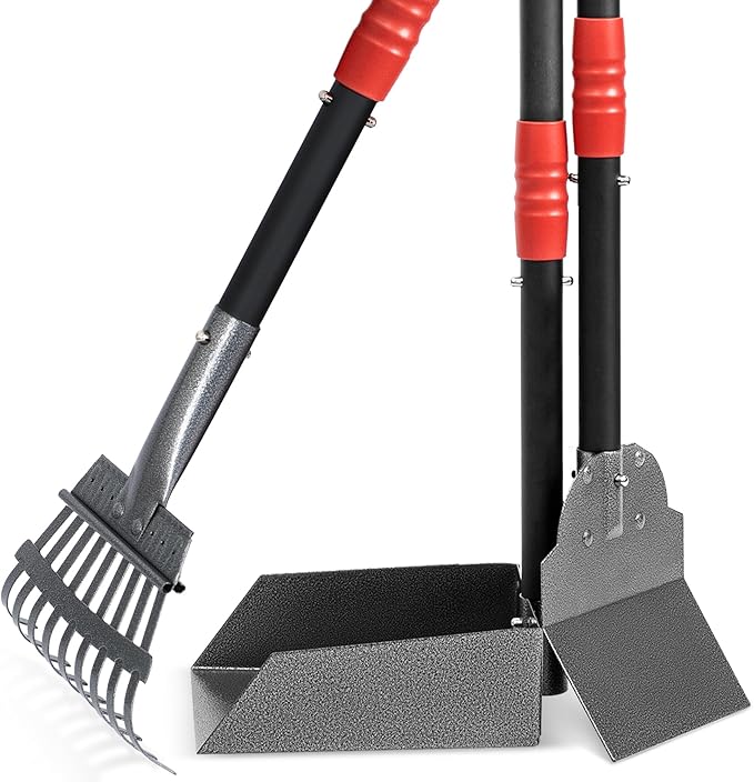 Heeyoo Dog Pooper Scooper, Dog Poop Tray and Rake Set, Pet Waste Removal Scoop with Long Adjustable Sectional Stainless Handles