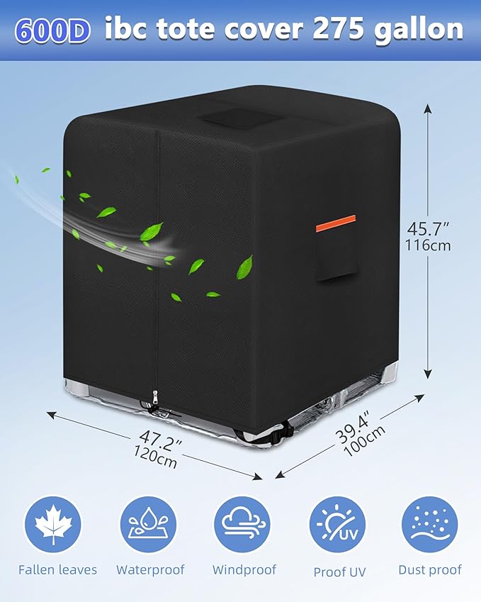 IBC Tote Cover，Zipper IBC Tote Cover，Fit 275 Gallon Water Tank，600D Heavy Duty Waterproof and Sunscreen Material，black