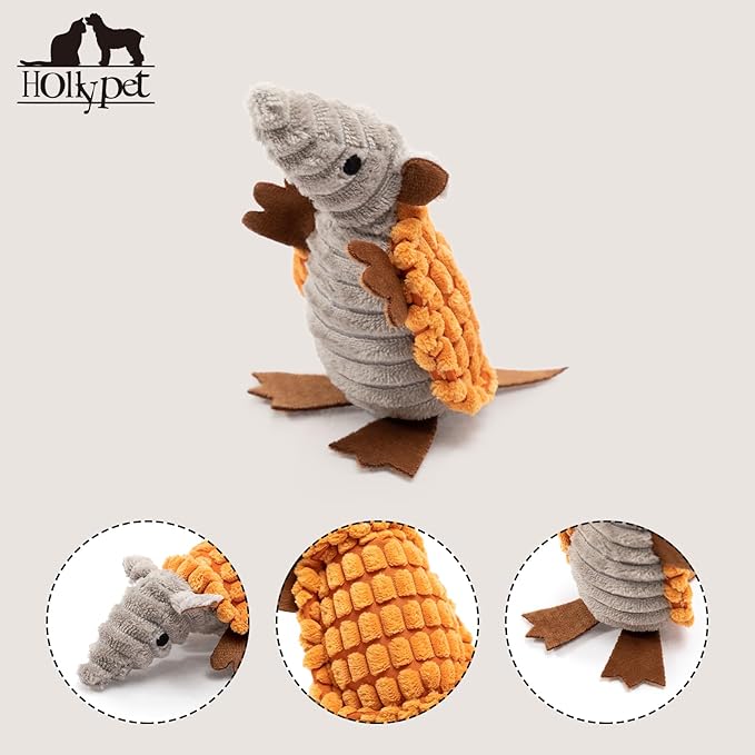 Hollypet Plush Dog Squeaky Toy Stuffed Armadillo Animal Pet Puppy Chew Toys with Clean Teeth for Small Medium Large All Breed Sizes Dogs, Orange,6 in