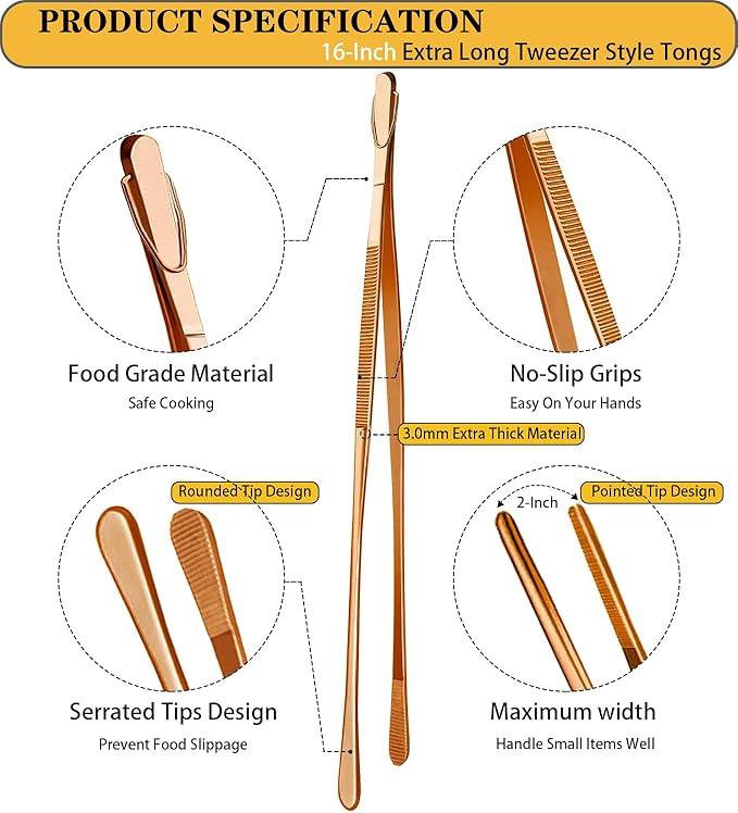 JETKONG 2 Pcs 16-Inch Extra-Large Kitchen Tweezers and Tongs - Giant Stainless Steel Food Tweezers - Rose Gold