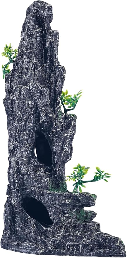 Large Fish Tank Decorations - Mountain View Aquarium Ornament with Tree House Cave