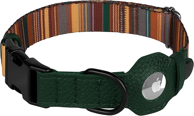 AirTag Dog Collar with Metal Buckle - Soft Leather Printed Nylon Dog Collar with Apple AirTag Holder - Cute Tracking GPS Pet Collars for Girl Boy Small Large Dogs (S, 12"-15" Neck Fit, Striped)