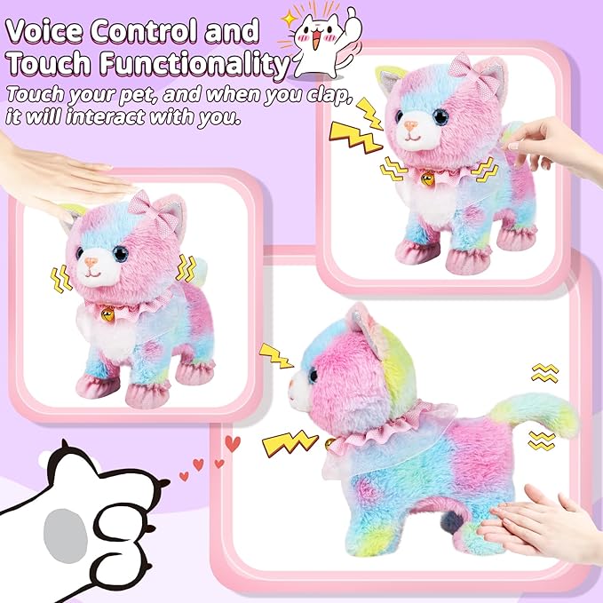 Interactive Electronic Plush Toy Walking and Barking Robot Cat Plush Cat Remote Control Kitten for Girls (Colorful Cat)