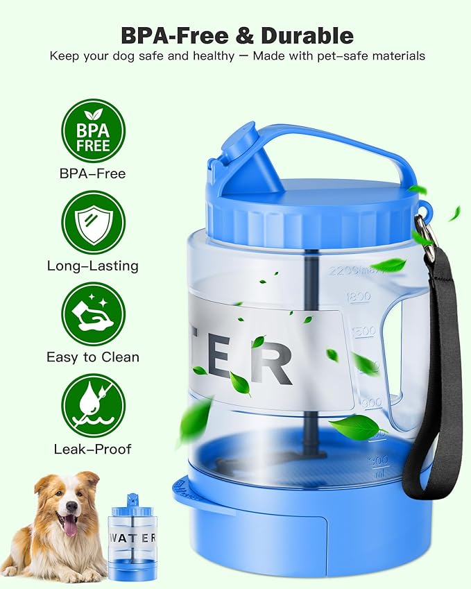 Large Dog Water Bottle Portable Bowl - 77oz Dog Travel Water Dispenser with Pull Out Bowl, Ideal for Hiking, Camping, Dog Parks, Leak-Proof BPA-Free Outdoor Pet Bottle for Large Dogs, Blue