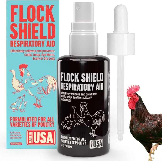 Flock Shield Respiratory Aid for Poultry - [Made in USA] - 4oz Chicken Supplement, Rooster Booster for Respiratory System - Dropper, Spray Top Included - Safe for All Birds - Drinking Water Additive