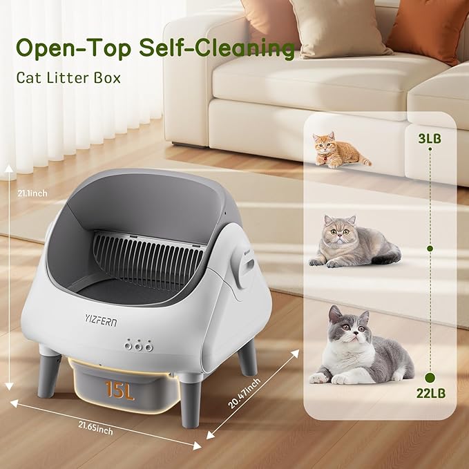 Self Cleaning Litter Box for Multiple Cats, Automatic Cat Litter Box with App Control, Open Top Design, Safety Protection, Ultra-Quiet, Includes Waste Bags, Large Waste Bin, & Brush (White)