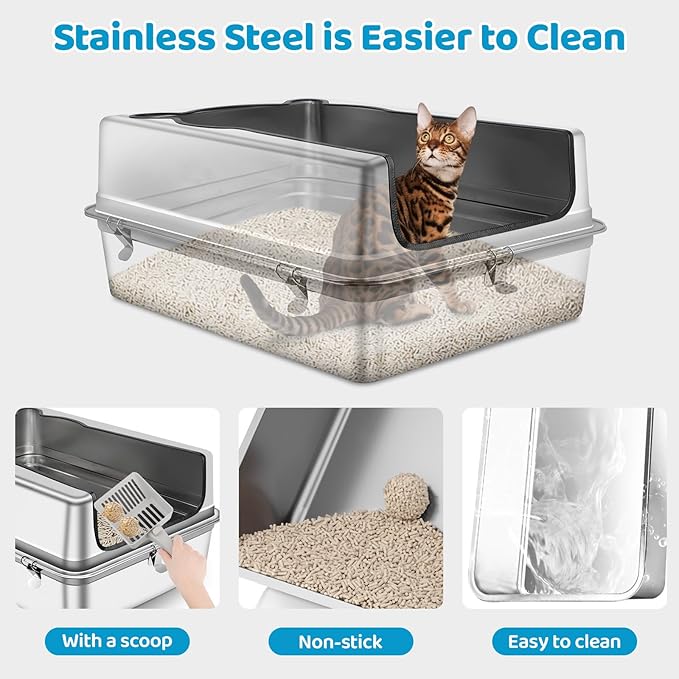 Extra Large Stainless Steel Cat Litter Box, 28" L x 19.7" W x 12" H XXXL Semi Enclosed Removable Metal Litter Tray with High Sided Enclosure, Scoop, Anti-Leakage, Non-Sticky, Easy Cleaning