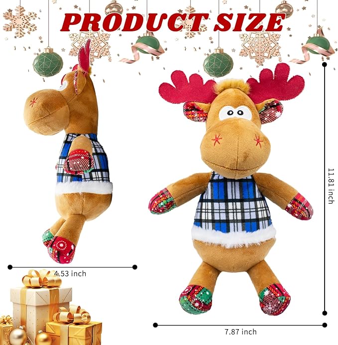 Dog Toys Squeaky Interactive Puppy Teething Chew Toy with Crinkle Sound Paper Tail Stuffed PP Cotton,Keep Them Busy, Large Medium Small Breeds Indoor Play, Christmas Deer