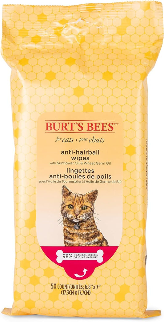 Burt's Bees for Pets Anti-Hairball Wipes for Cats with Sunflower Oil and Wheat Germ Oil, 98% Natural Origin Formulas, Cat Hairball Remedy, Cat Wipes for Hairballs, Cat Hairball Wipes, 50ct