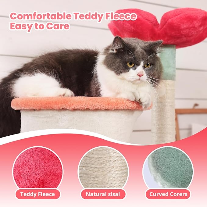 HYABi 56.3in Flower Design Cat Tree, Foldable Multi-Level Tower for Large Cats, Space-Saving Cat Furniture with Scratching Posts, Plush Condo for Indoor Cats