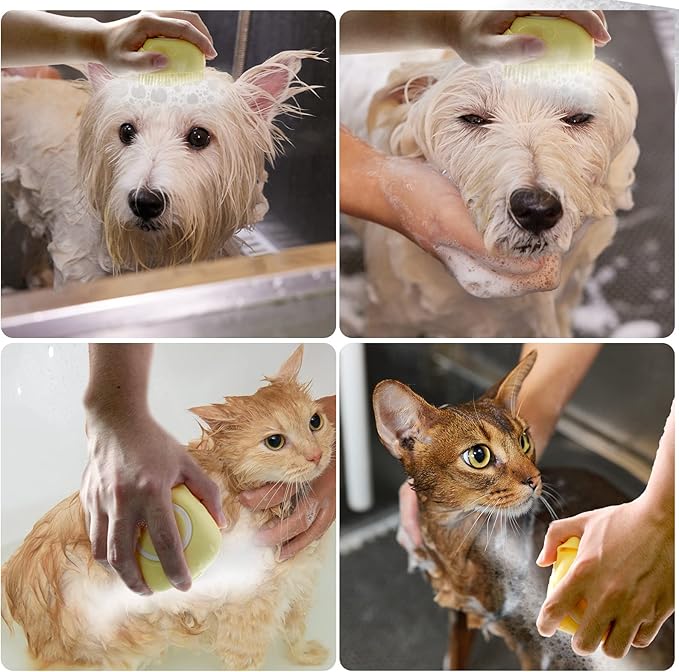 Pet Bath Brush Dog Bath Brush Shampoo Dispenser Soft Silicone Dog Bathing Brush Dog Shampoo Brush scrubbers for Cats and Dog Shower Brush Grooming (Yellow)