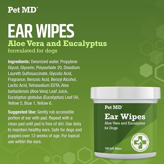 Pet MD - Dog Ear Cleaner Wipes - Otic Cleanser for Dogs to Stop Ear Itching, and Infections with Aloe and Eucalyptus - 100 Count