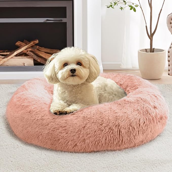 JOLLYVOGUE Calming Dog & Cat Bed for Large Dogs, Anti-Anxiety Donut Cuddler Cozy Soft Round Bed with Anti-Slip Bottom, Fluffy Faux Fur Plush Cushion Beds for Medium Dogs (36")
