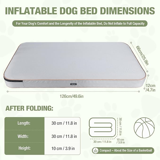 Lekereise Travel Dog Bed (49" x 26") – Foldable, Inflatable Outdoor Dog Bed,Portable & Machine Washable – Comes with a Manual Inflator - Grey