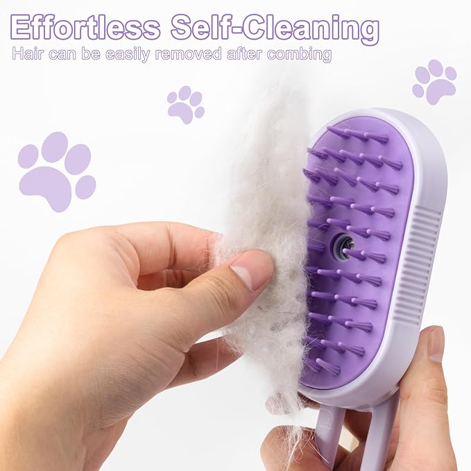 Steam Brush for Cat & Dog – 3-in-1 Spritz Pet Spray Hair Removal Comb for Grooming & Shedding Steam – Water Brush for Long & Short Haired Pets– Includes Two Bottles Waterless Shampoo
