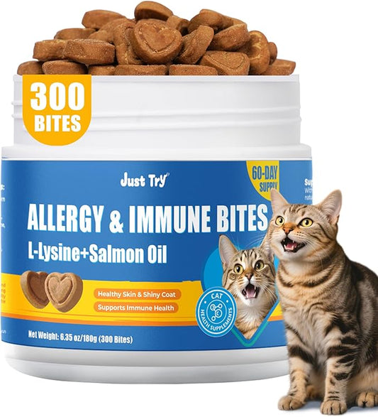 Just Try 300 Bites Allergy & Immune Bites For Cats - with L-Lysine & Quercetin - Skin & Coat Health Eye Health - Soft Bites for Itchy Skin Relief & Cat Allergy- Grain Free Dietary supplements for pets