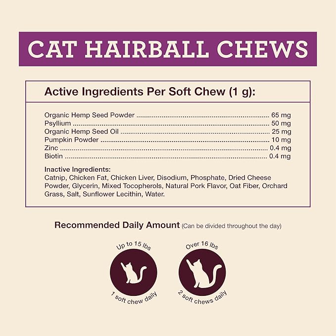Hemp Well Cat Hairball Soft Chews for Cats, Organic USA Grown, Chicken Cheese & Catnip Flavor!