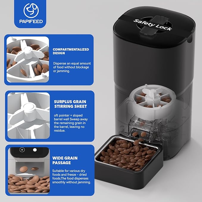PAPIFEED 2.4G WiFi Automatic Cat Feeder, 6L/25Cup Automatic Pet Feeder with APP Control for Remote Feeding, Detachable for Easy Clean, Cat Food Dispenser with Alexa,1-10 Meals Per Day for Dog, Black