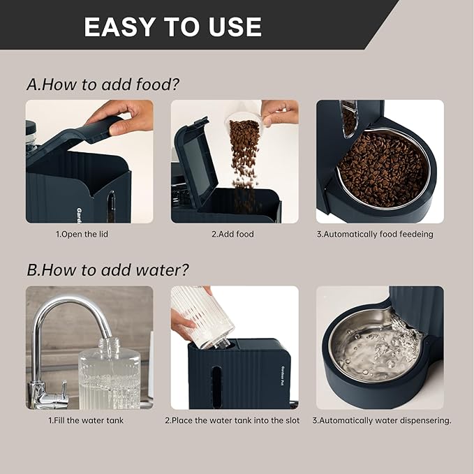 Gardner Pet Automatic Gravity Food Feeder and Water Dispenser, 1.8 Gallons*2 Stainless Steel Two-in-One Set Large Capacity Dispenser for Pets Dogs, Puppies, Kittens (Dark Blue)