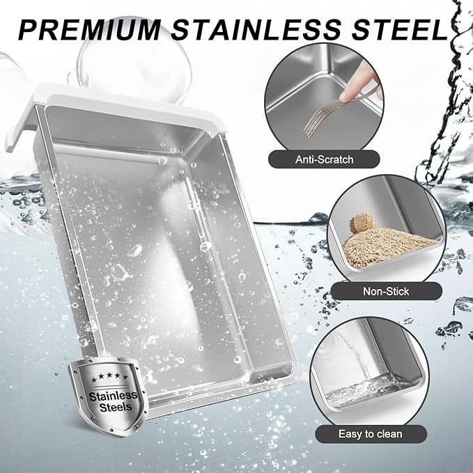 Upgrade Portable Litter Box, Top Entry Cat Box with Lid, No Leakage Kitty Box with Scoop and Mat, Easy Cleaning Cat Box Enclosure(Grey-Stainless Steel)