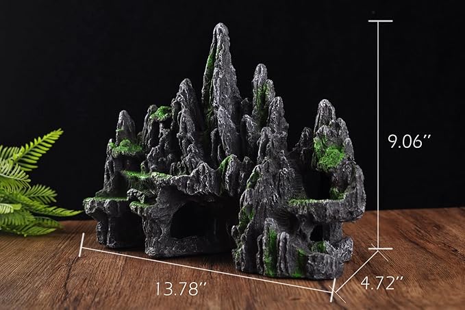 IBWell Aquarium Ornament Rock Cave Landscape, Artificial Mountain Hill View Stone with Moss, Fish Tank Decoration